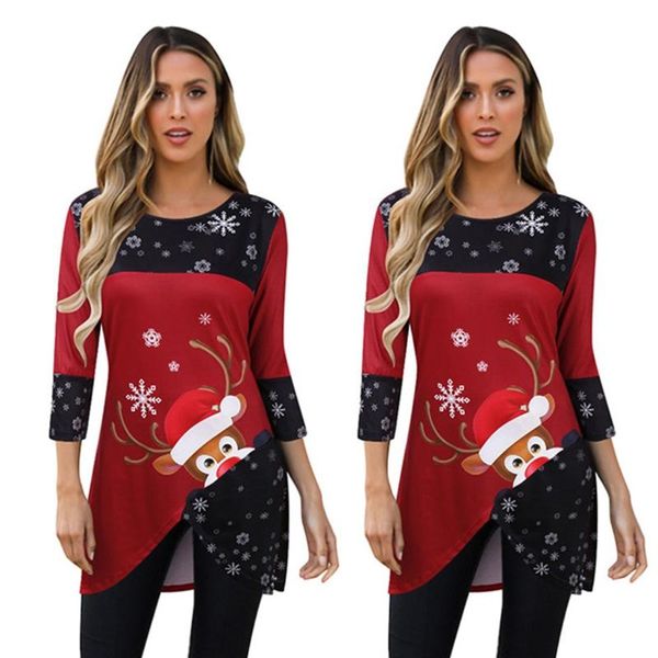 

women's t-shirt women christmas printed shirt irregular hem loose pullover tunic round neck long sleeve, White