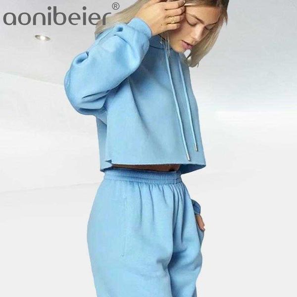 

loose short hoodie+sweatpant spring 2 piece set long sleeve crop pullover suits lady casual tracksuit 210604, White