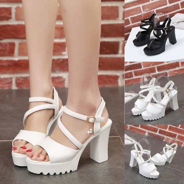 

women's sandals fish mouth rhinestone platform high heels buckle strap summer female casual shoes m40#, Black