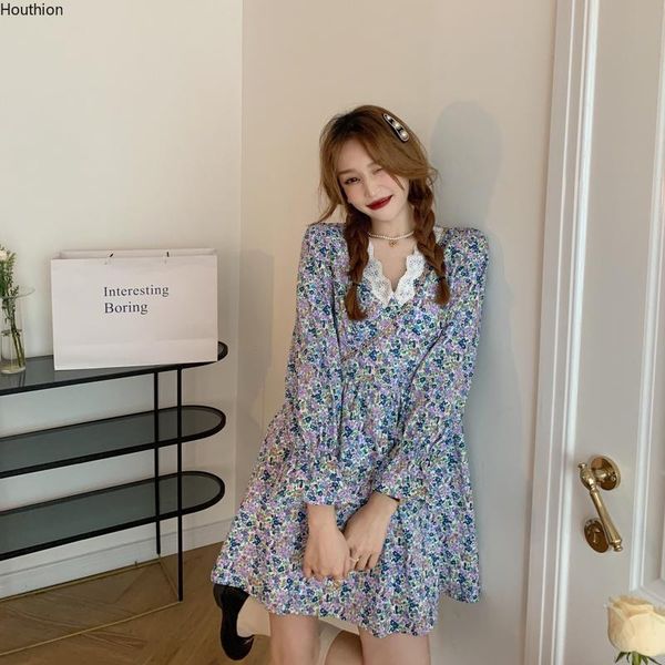 

casual dresses women waist dress long sleeve v-neck floral summer the fashion houthion, Black;gray
