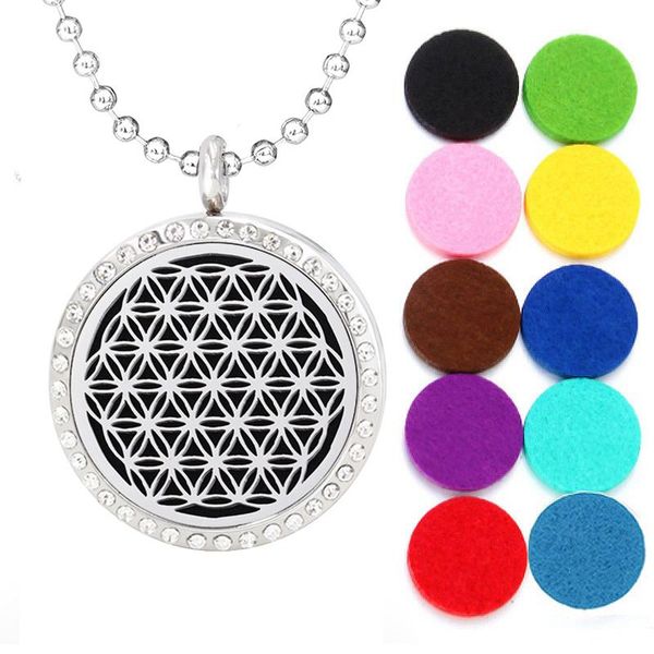 

pendant necklaces flower of life 316l stainless steel necklace for women jewelry diffuser rhinestone chain 30mm aroma perfume locket gift, Silver