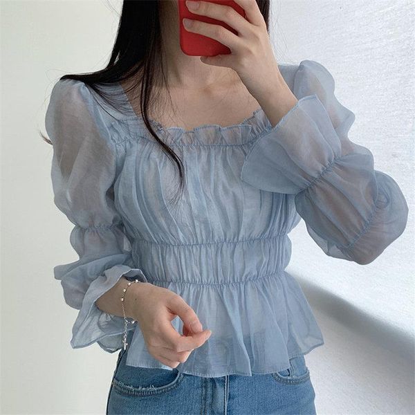 

sweet light square collar pleated all match 2021 solid girls women blouses chic elegance high waist shirts, White