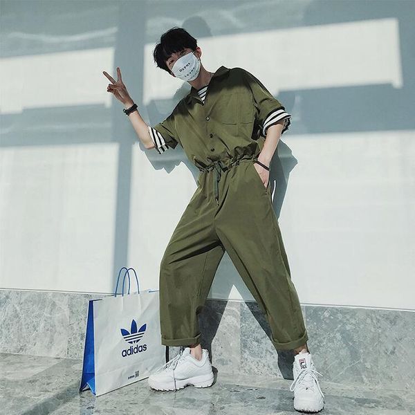 

men's tracksuits fashion men cargo overalls half sleeve jumpsuits solid joggers chic button rompers street style casual pants 2021 sets, Gray