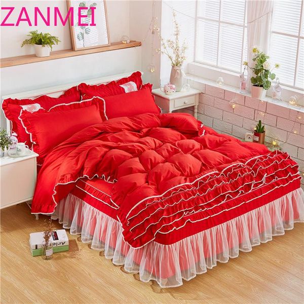

wedding red lace bedding sets full  king duvet cover princess girls bed skirt korean bedclothes luxury quilt cover sets