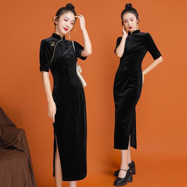 

casual dresses dress young high-end temperament retro chinese velvet autumn and winter, Black;gray