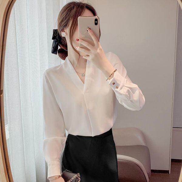 

women's blouses & shirts coigarsam blouse women office lady full sleeve chiffon solid straight v-neck white blusas womens and