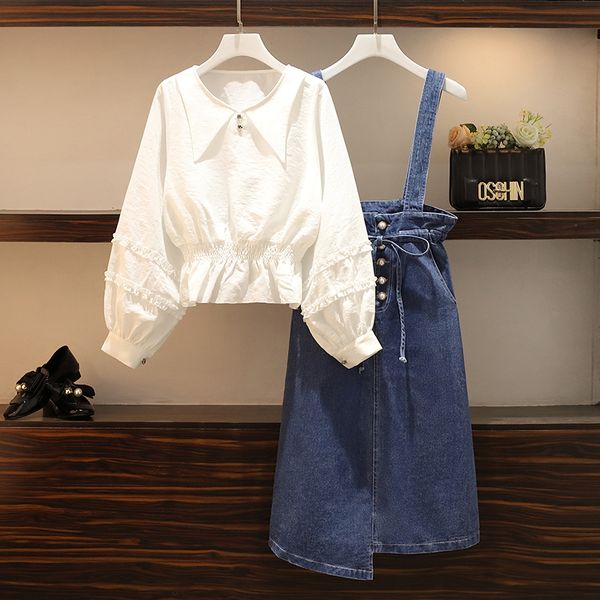 

Demin of Summer Autumn Plus Female Top White Shirt and Skirt Dress Two Pieces Match Set Big Fall Clothes W1rs, Black;gray