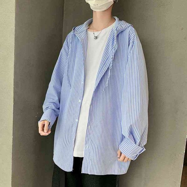 

men's casual shirts autumn hooded fashion stripe mens streetwear loose korean long sleeve men social dress q50n, White;black