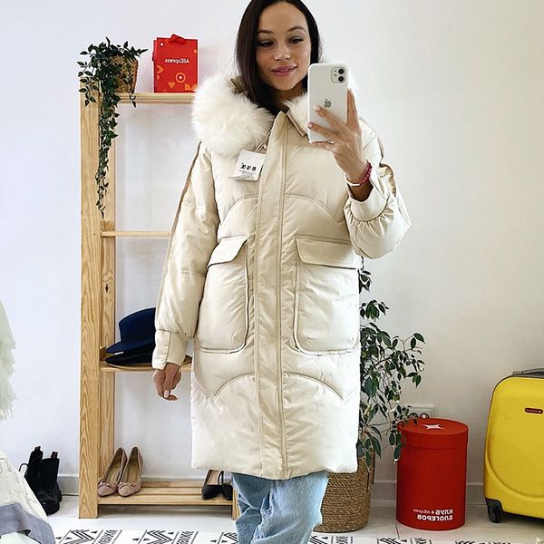 

winter women long parkas casual big fur collar hooded thicken windproof parkas coat 2021 fashion outwear parkas, Black