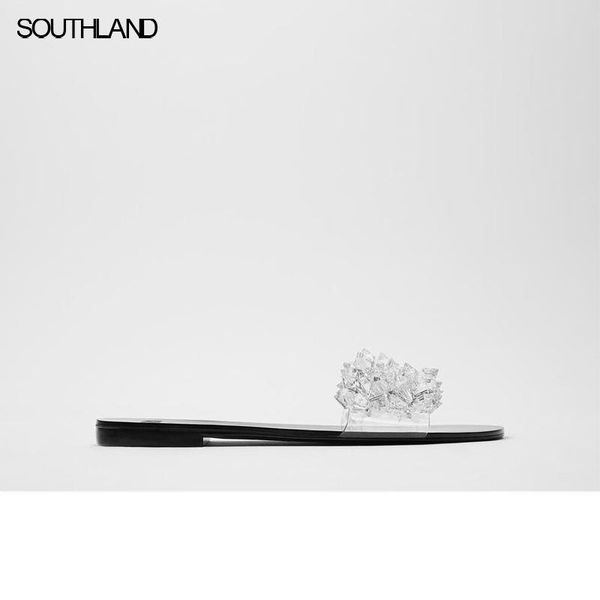 

sandals southland 2021 blingbling crystal women slides summer clear upper falt slippers, Black