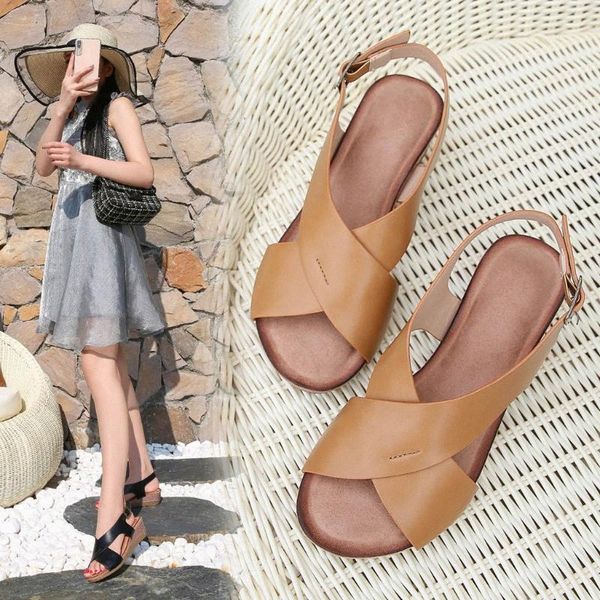 

2020 cross strap leather sandals women summer beach casual shoes female buckle strap sandal high heel gladiator sandalias c5js#, Black