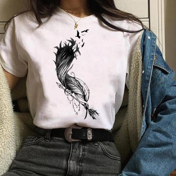 

women t shirt womens graphic 90s feather bird cute printing short sleeve print clothes lady tees female t-shirt, White