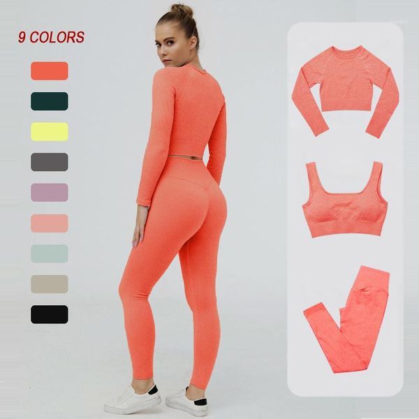 

yoga outfits ribbed seamless sports suit women set gym clothes long sleeve crop sport bra high waist fitness leggings workout set1, White;red
