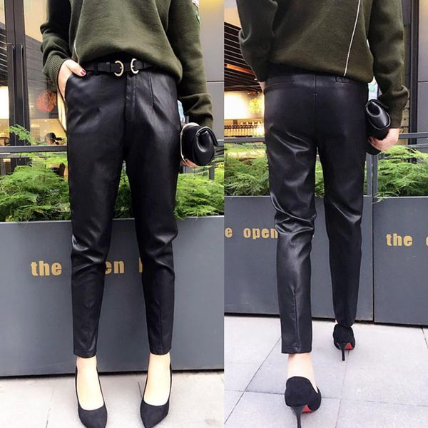 

women's pants & capris 2021 high waist autumn women stretch pu leather black trousers ladies plus size female harem pantalon femme, Black;white