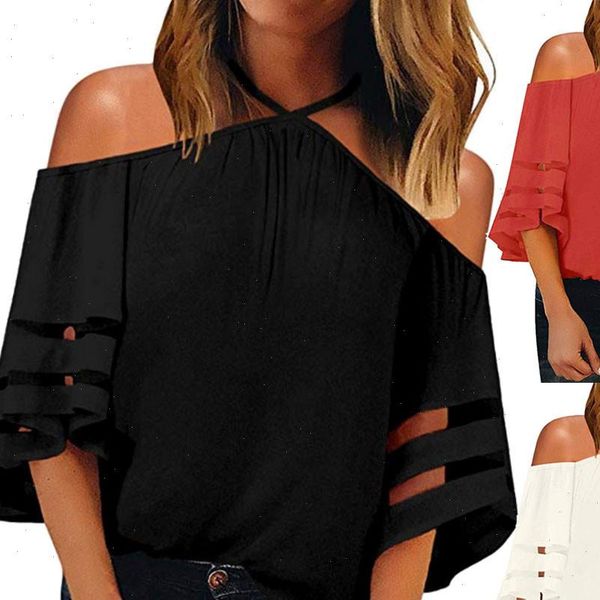 

women blusas halter chiffon blouse celmia off shoulder spring summer casual half sleeve solid party plus size yj, White