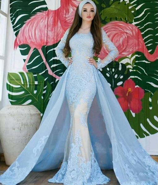 

arabic long sleeves lace mermaid evening dresses with appliques detachable train tulle formal prom party gowns, Black;red