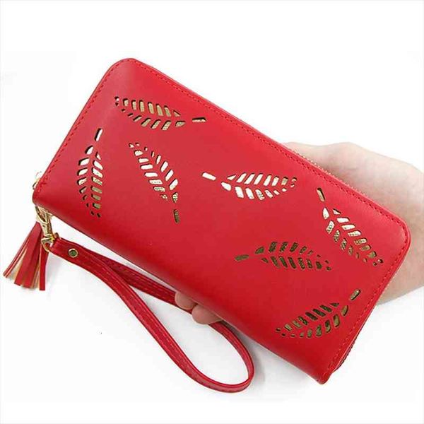 

ladies long zip wallet and purse hollow design pu leather women large capacity wristband coin red, Red;black