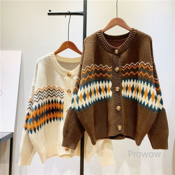 

women's knits & tees jacquard vintage cardigan women literary wave striped sweater coat students spring fall knit jacket girls kor, White