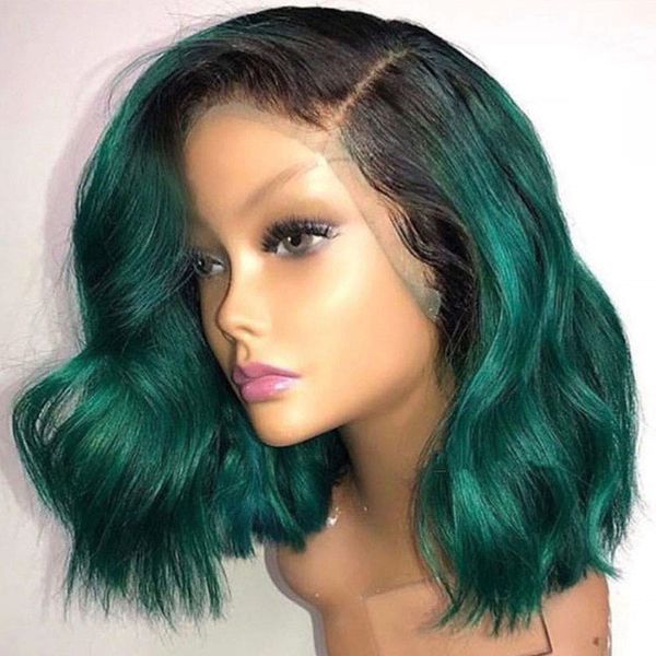 

black dark green short bob hair synthetic lace front wig body wavy wigs with natural hairline for women glueless heat resistant fiber hair