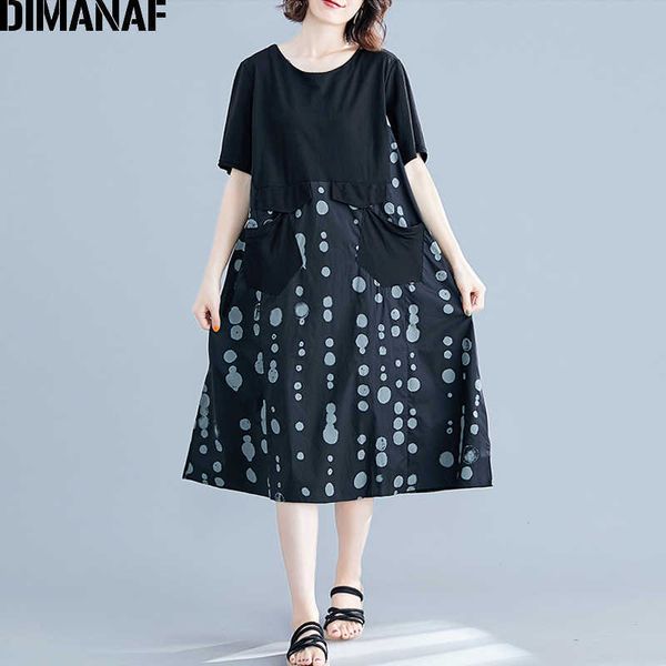 

plus size women dress vintage print dot black big vestidos elegant summer sundress lady spliced female loose 210531, Black;gray