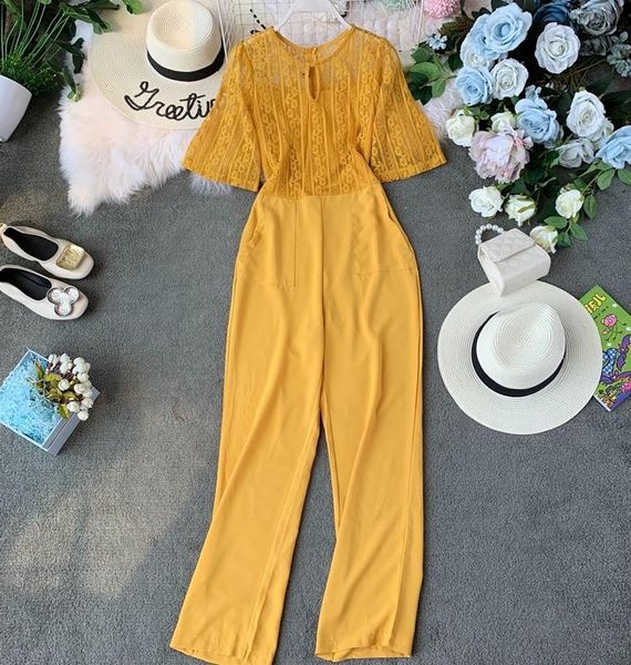 

women's jumpsuits & rompers lace overalls for women spring summer jumpsuit korean vintage elegant womens straight full length pants zt5, Black;white