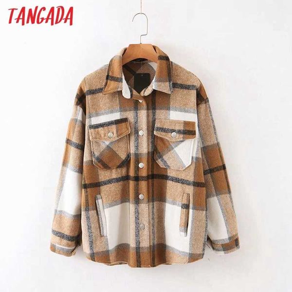 

tangada autumn winter women blue plaid long coat jacket pocket casual warm overcoat fashion outwear qw12 201014, Black;brown