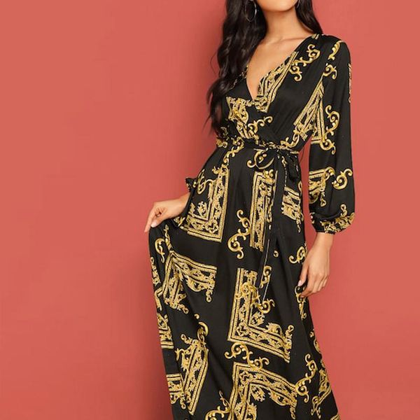 

38 2021 pretty dresses fashion women v neck long sleeve dress print lantern sleeve wrap dress jurk vestidos drop, Black;gray