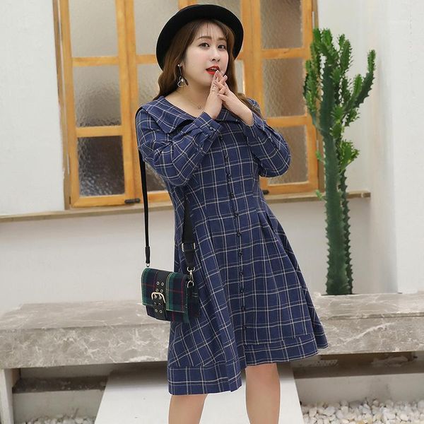 

casual dresses women's spring french doll collar knit plaid dress plus size knee length 100 kg can wear, Black;gray