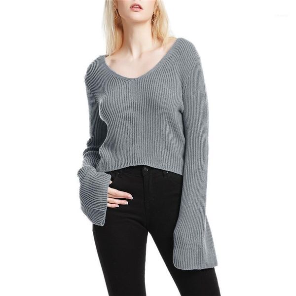 

women's sweaters women knitted v-neck loose casual cropped flared long sleeves solid color knitwear lady autumn winter short, White;black