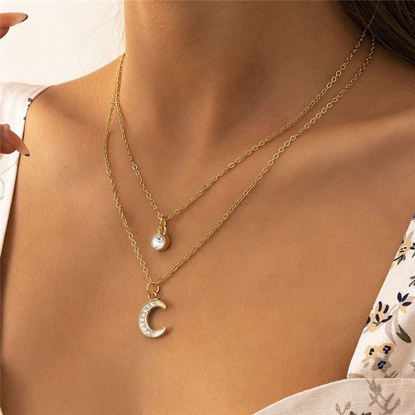 

women business crystal moon pendant necklaces metal tassel circle clavicle chain european multi layer dress party thin chains jewelry access, Silver