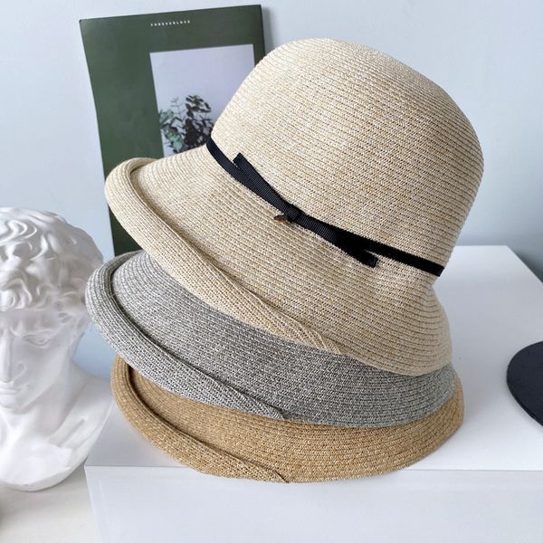 

big hat hepburn wind front roll fisherman's female summer sun proof straw mixed color elegant bow basin simple beach, Blue;gray