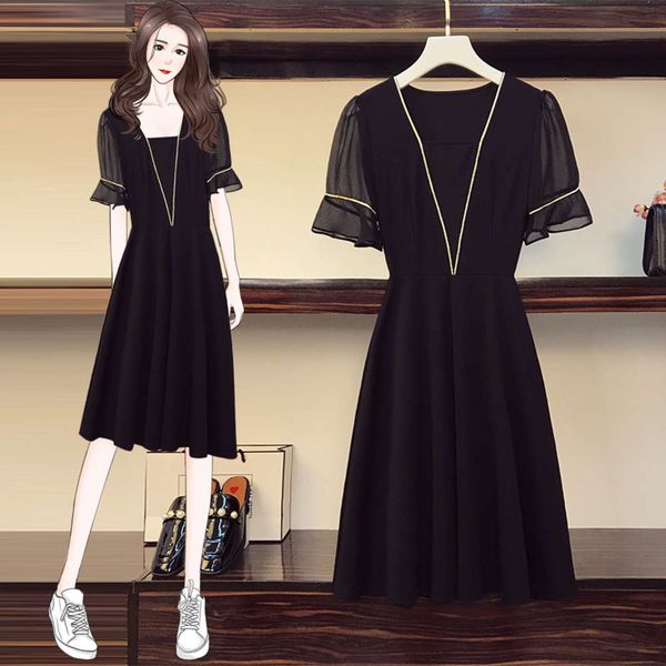 

2020 summer new large women's shows thin and fat, younger sister covers belly, reduces age, closes waist, french smart dress, Black;gray