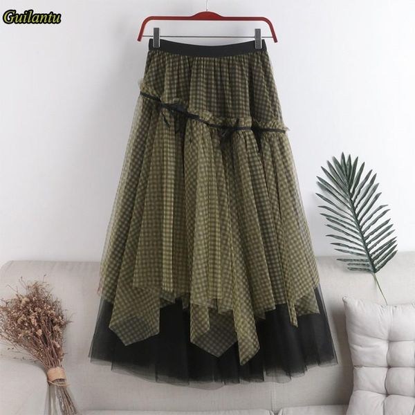

guilantu new spring autumn mesh plaid asymmetrical long skirt women clothes elastic high waist casual black vintage skirts
