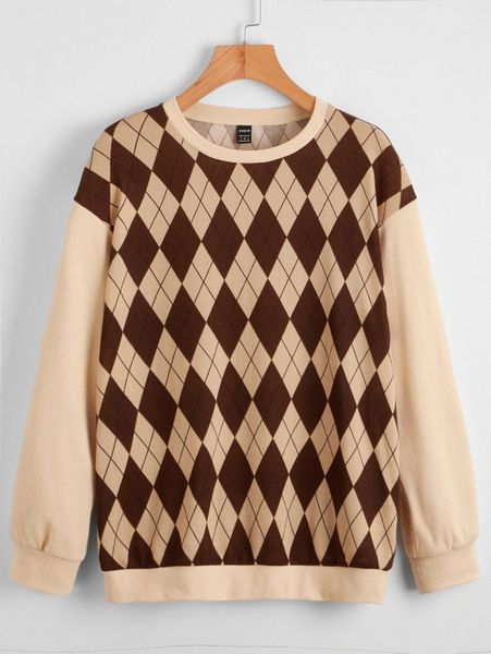 

argyle print drop shoulder sweatshirt z0yh#, White;black