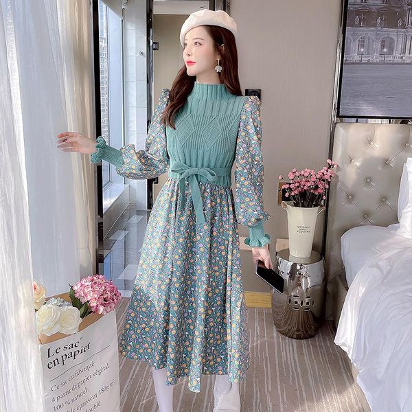 

casual dresses women 2021 autumn winter fashion vintage floral print dress female knitted patchwork fake two piece vestidos e63, Black;gray