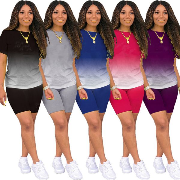 

plus size women's tracksuits gardient 2 piece sets short sleeve t shirt+mini shorts summer clothing outfits solid color jogger suit 455, Gray