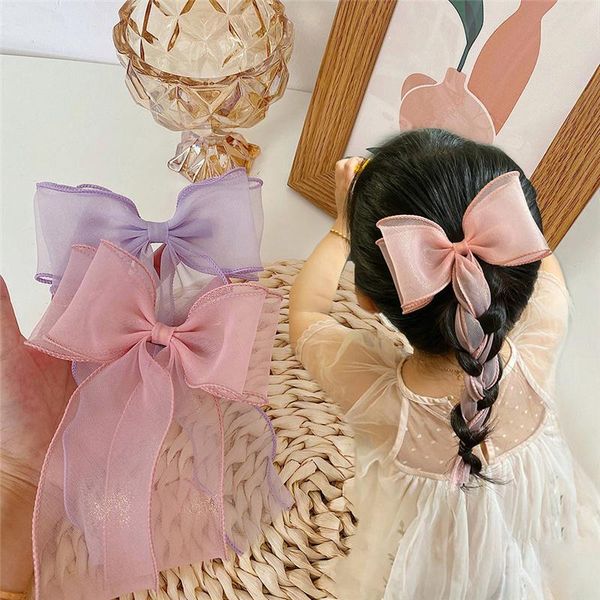 

hair accessories girls bow ribbon hairpin braided headdress ponytails solid color streamer festival cute clip kids barrette, Slivery;white