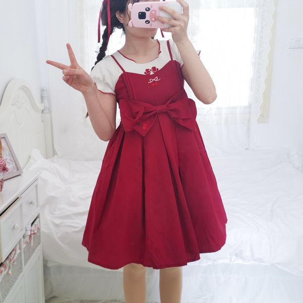 

luxury casual dresses soft sweet lovely big bow cherry embroidery versatile girl suspender drs, Black;gray