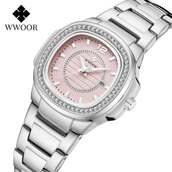 

wristwatches wwoor brand 2021 pink ladies wristwatch famous luxury diamond gift dial date watch women stainless steel womens bracelet watche, Slivery;brown