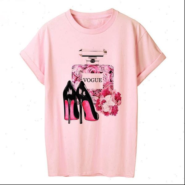 

vogue perfume flower print t shirt women short sleeve o neck loose tshirt women tee shirt female clothes camisetas mujer, White