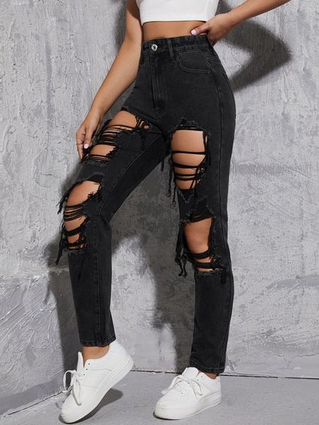 

high waist ripped cut out jeans 37et#, Blue