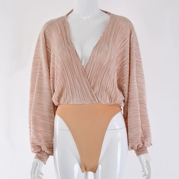 

deep v-neck patchwork bodysuit women fashion long sleeve loose women rompers spring casual bodysuit pleated jumpsuit 2019, White