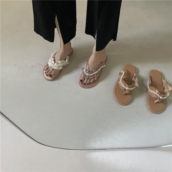 

slippers 2021 summer slides temperament flat soft bottom flip flops fairy style flip-flops women shoes rubber sole outside wear, Black