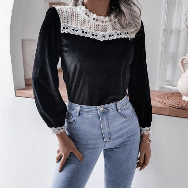 

women's blouses & shirts spring 2021 long sleeve crochet lace stitching velvet slim for ladies fashion casual all match chic, White