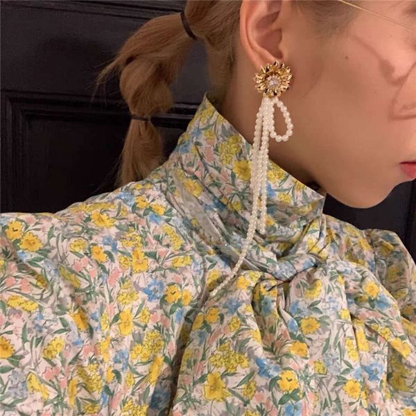 

hbp fashion fashionable french pearl tridimensional daisy diamond pendant long gold flower earrings, Silver