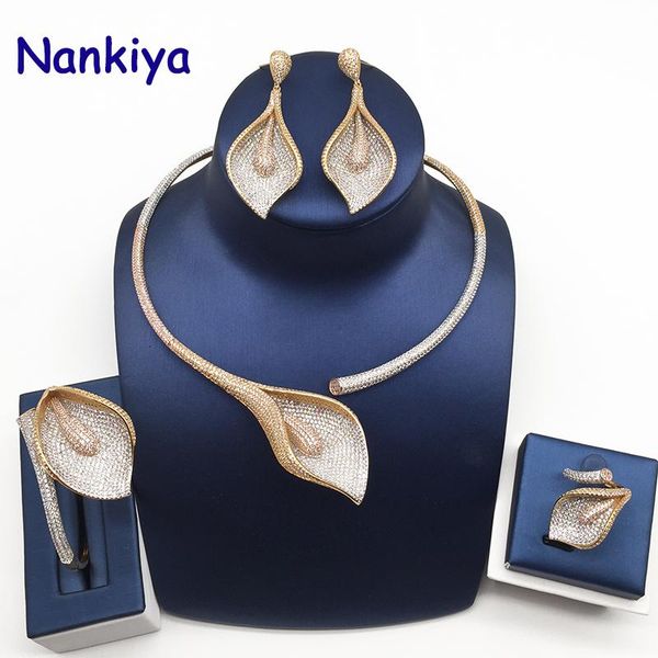 

earrings & necklace nankiya luxury glory flower africa party jewelry zirconia set 3 tone gold women nigerian 4pc wedding sets nc, Silver