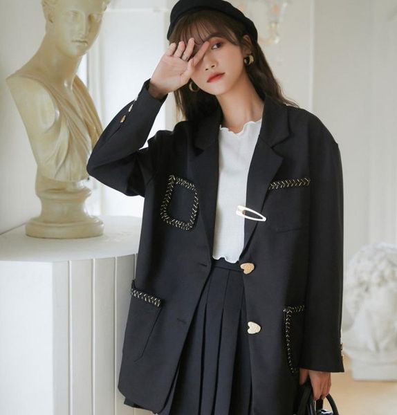 

korea style women elegant black blazers contrast pocket single breasted loose suits office lady long sleeve casual work blazer, White;black