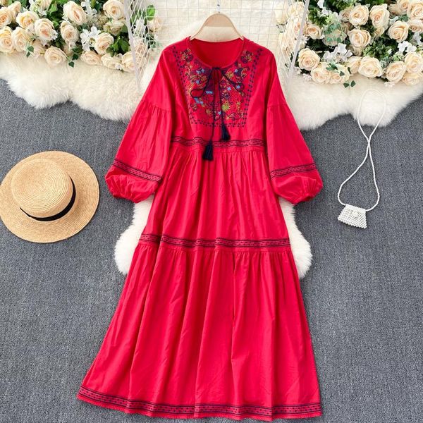 

bohemian flowers embroidery beach dress summer fashion tassels lace-up o-neck long sleeve casual loose holidays dress, Black;gray