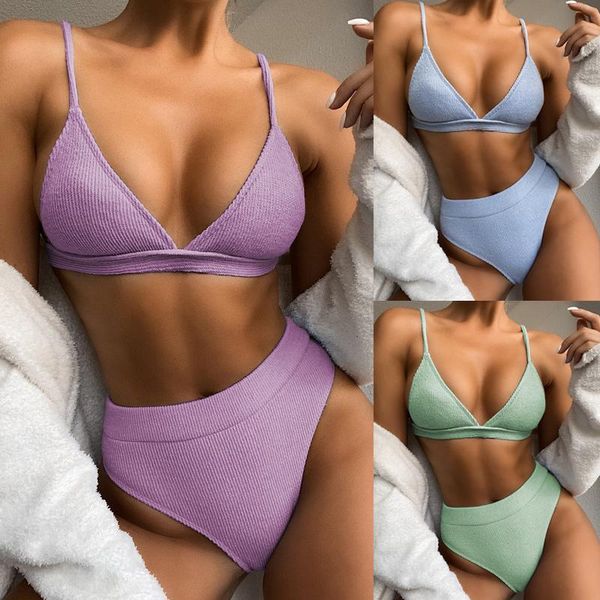 

women's swimwear 2021 solid color high waist swimsuit two-piece triangle bikini beachwear summer seaside bathing suit girl, White;black