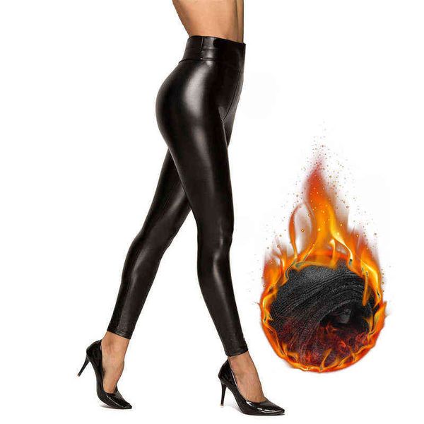 Winter Fleece Fored Mulher Calças Leggings para Mulheres Calças Mulheres Cintura Alta Leggins Feminino Pu Plus Size Faux Leather Jeggings 211117